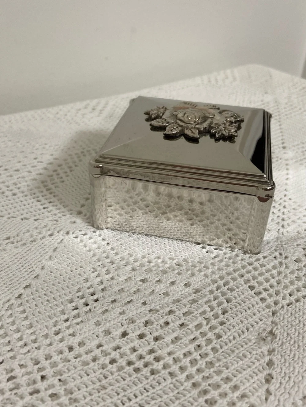 Vintage Silver Plate Rose Trinket Box 3” Floral Jewelry Box Cottagecore Vanity